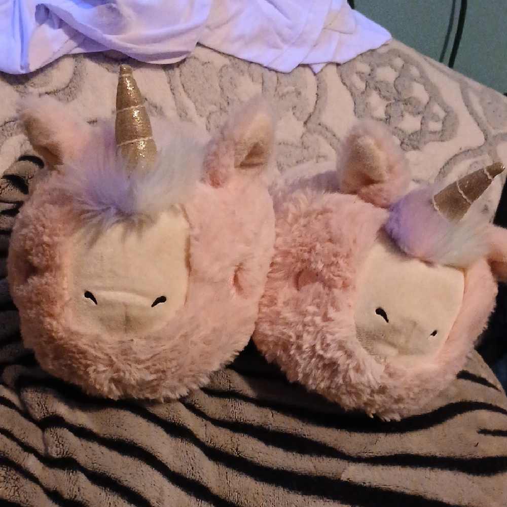 Plush Unicorn Slippers with Gold Horn